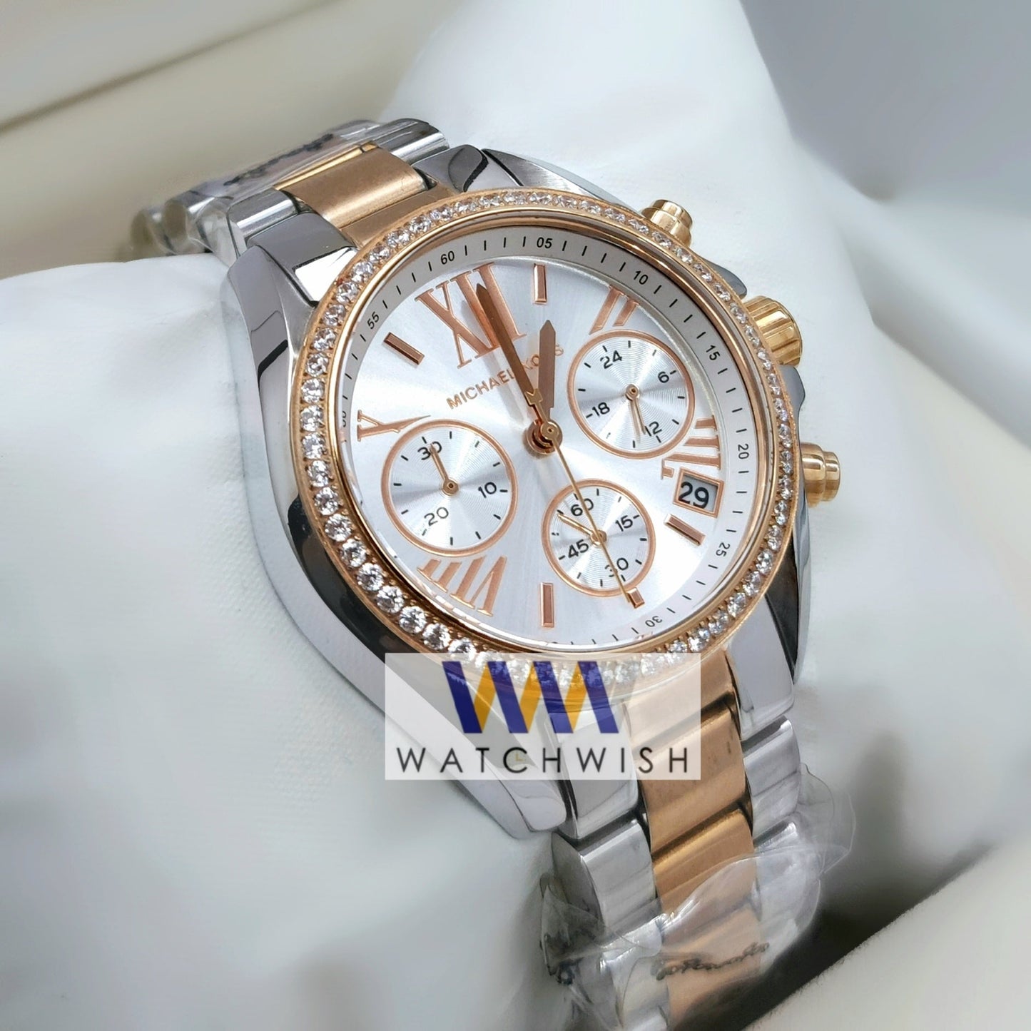 Ladies Collection Two Tone With Silvet Dial Stone Bezel Chronograph Watch