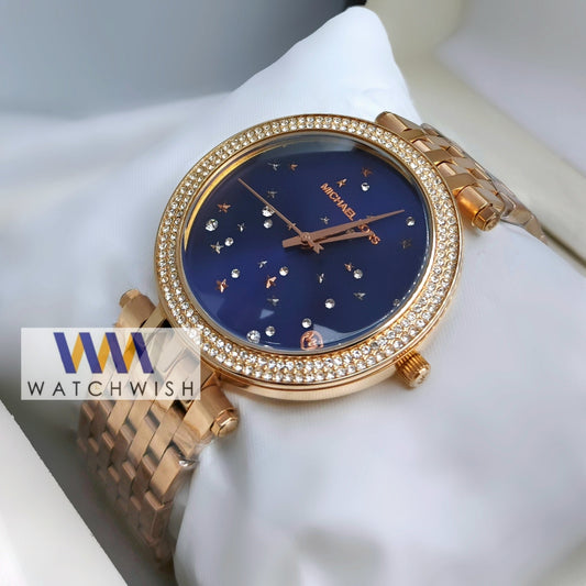 Ladies Brand Rose Gold With Blue Dial Stone Bracelet Watch