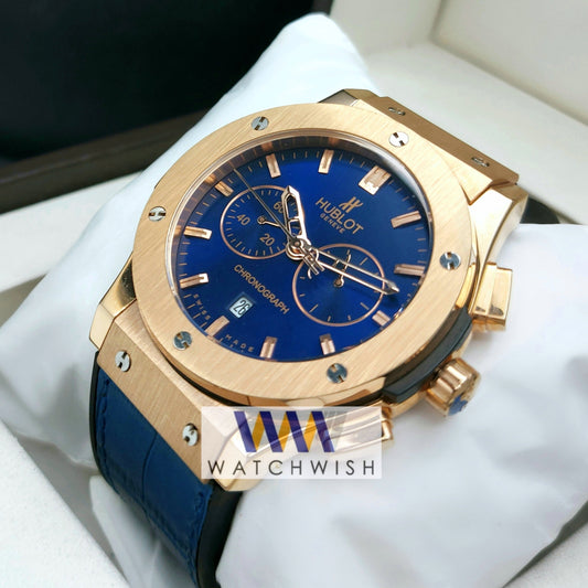 New Collection Rose Gold With Blue Dial Chronograph Watch