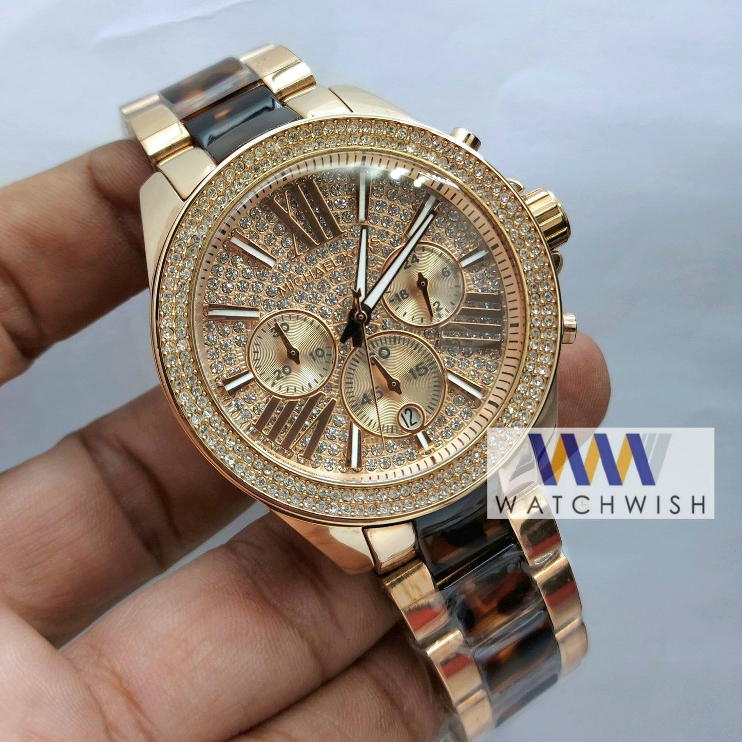 Ladies Collection Rose Gold With Full Stone Dial Chronograph Watch
