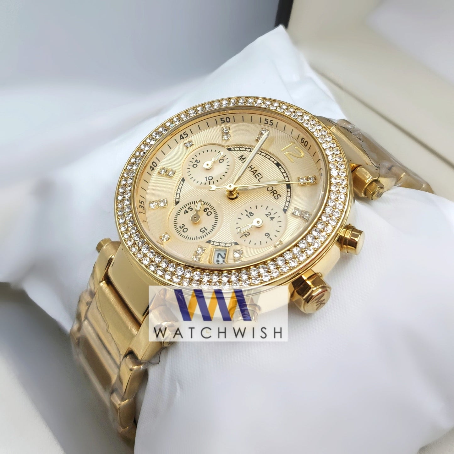 Ladies Collection Rose Gold With Yellow Dial Stone Bezel Chronograph Watch