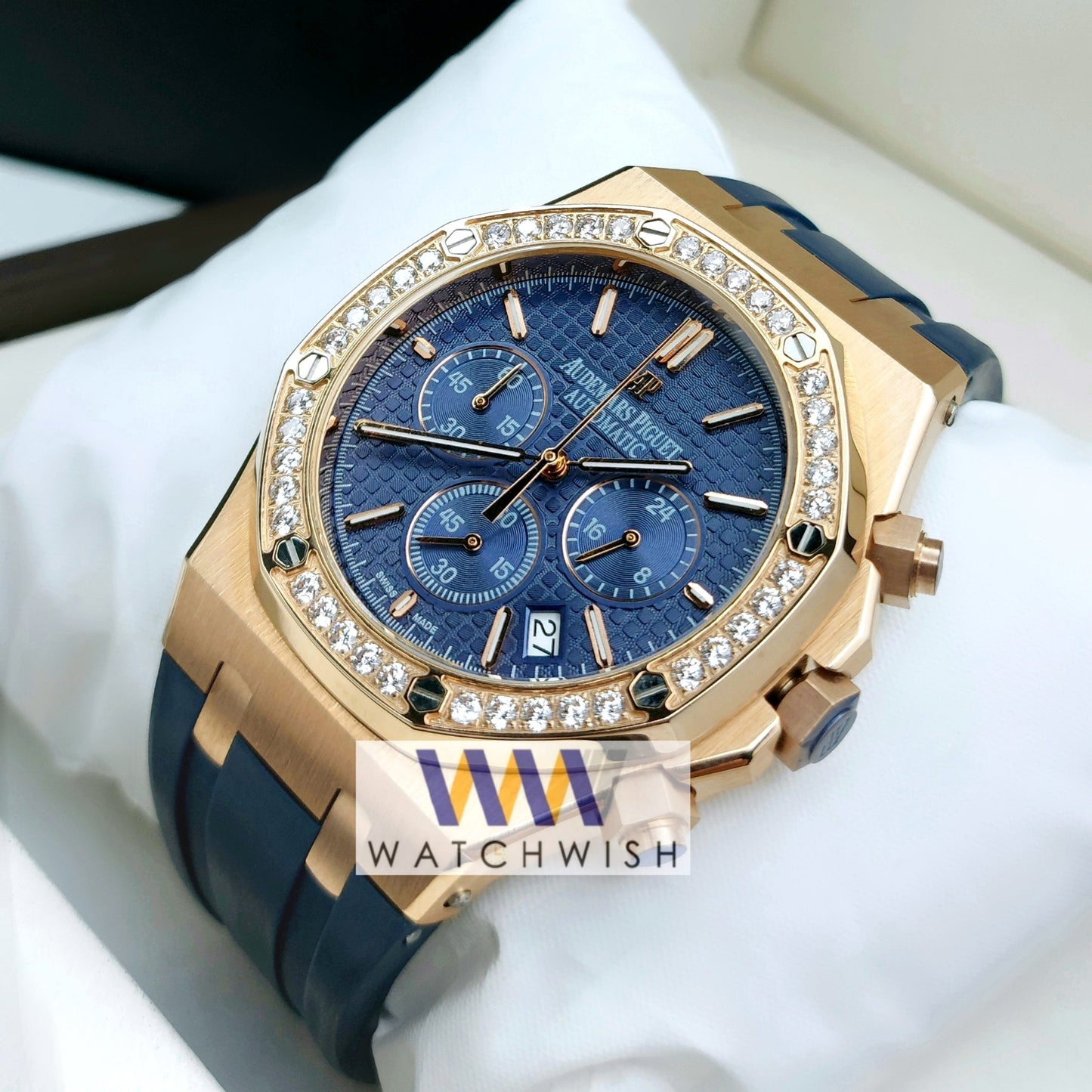 New Collection Rose Gold With Blue Dial Stone Bazel Chronograph Watch