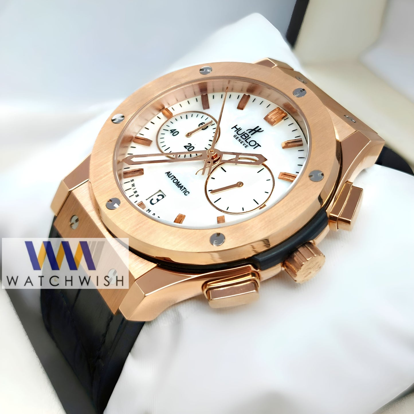 New Collection Rose Gold Case With White Marble Dial Chronograph Brand Watch