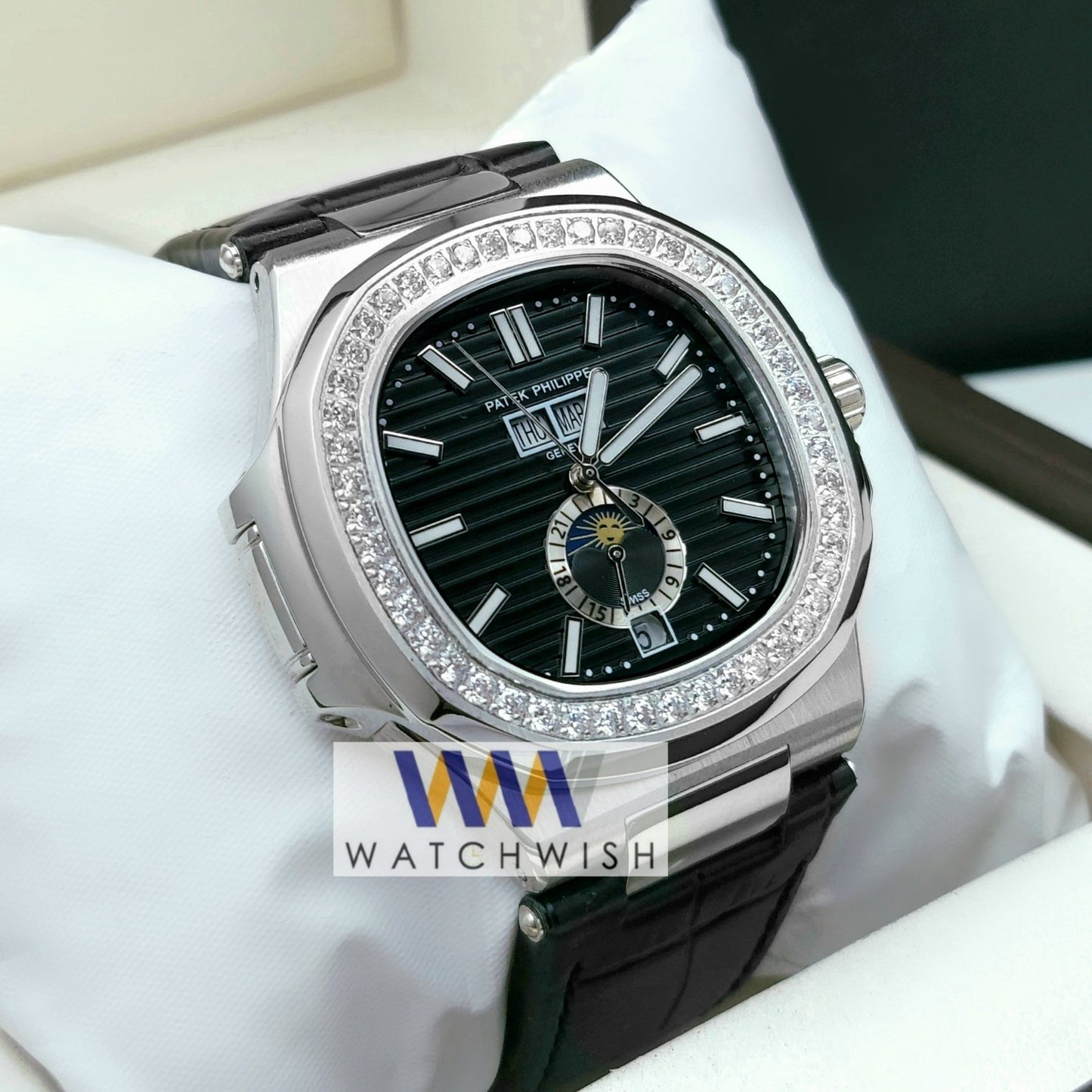 Exclusive Collection Silver With Black Dial Stone Bazel Automatic Watch