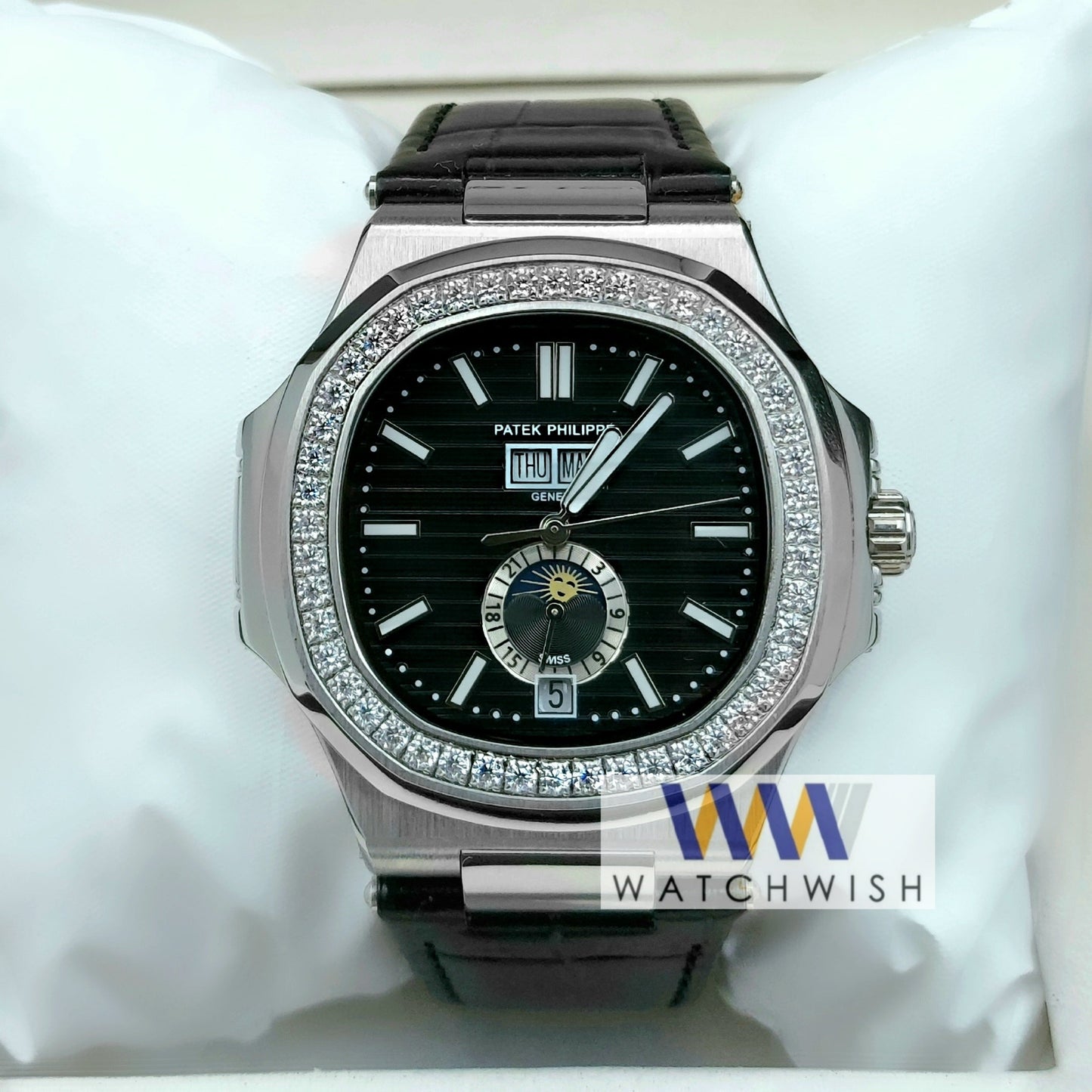 Exclusive Collection Silver With Black Dial Stone Bazel Automatic Watch