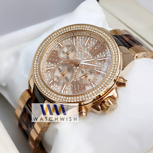 Ladies Collection Rose Gold With Full Stone Dial Chronograph Watch