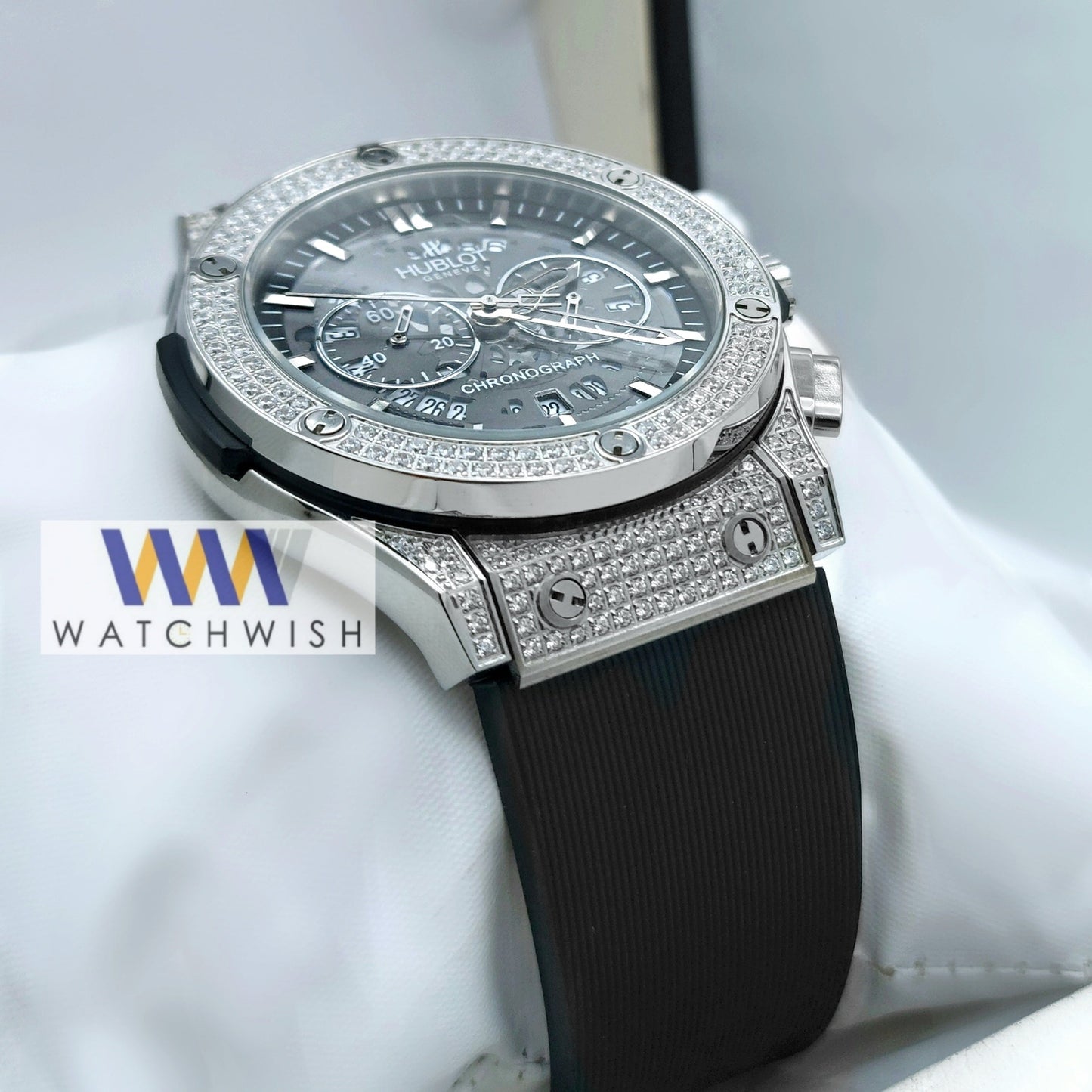New Collection Silver Skeleton Stone Case With Black Dial Chronograph Brand Watch