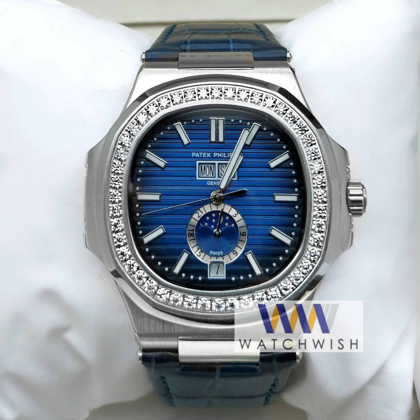 Exclusive Collection Silver With Blue Dial Stone Bazel Automatic Watch