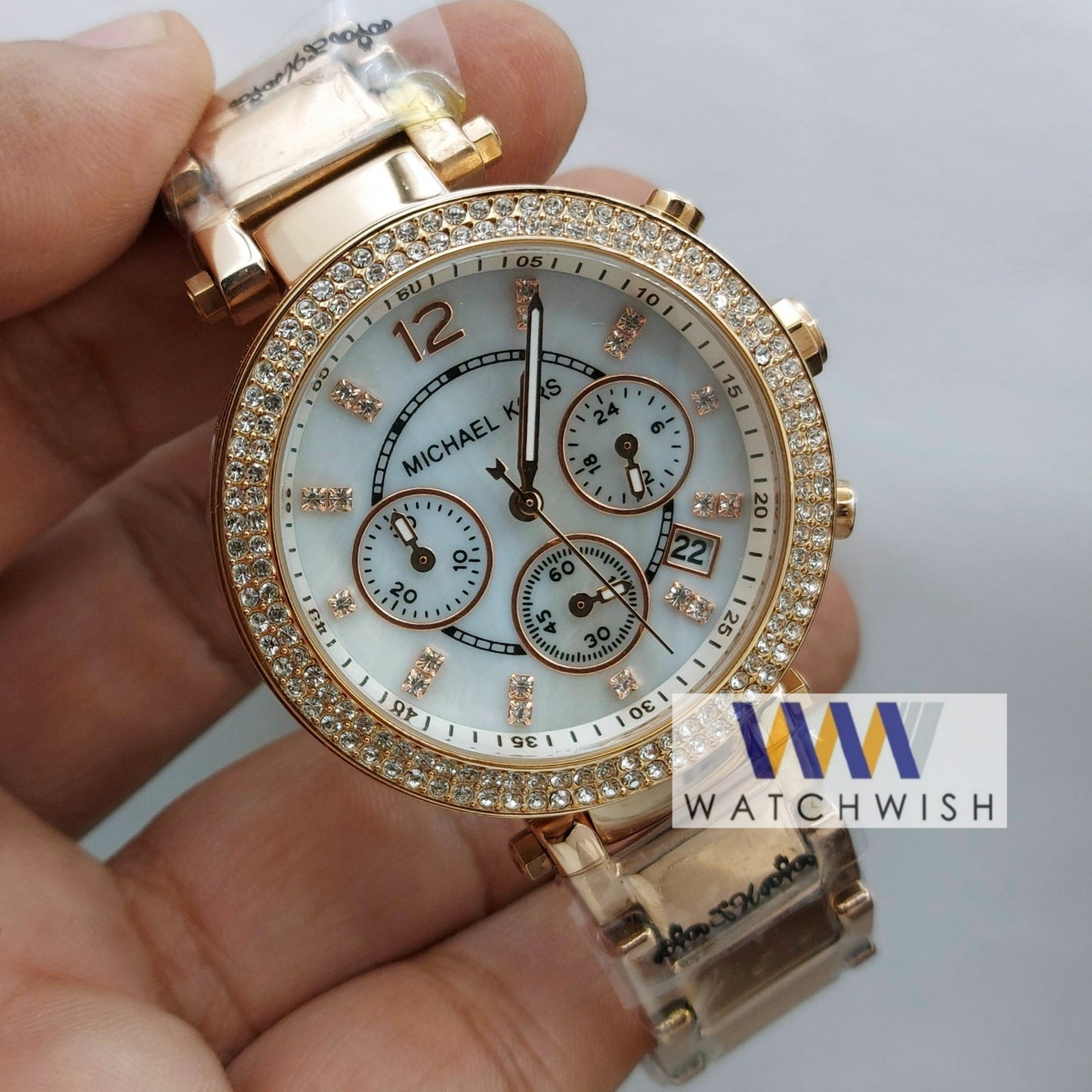 Ladies Collection Rose Gold With White Dial Stone Bezel Chronograph Watch