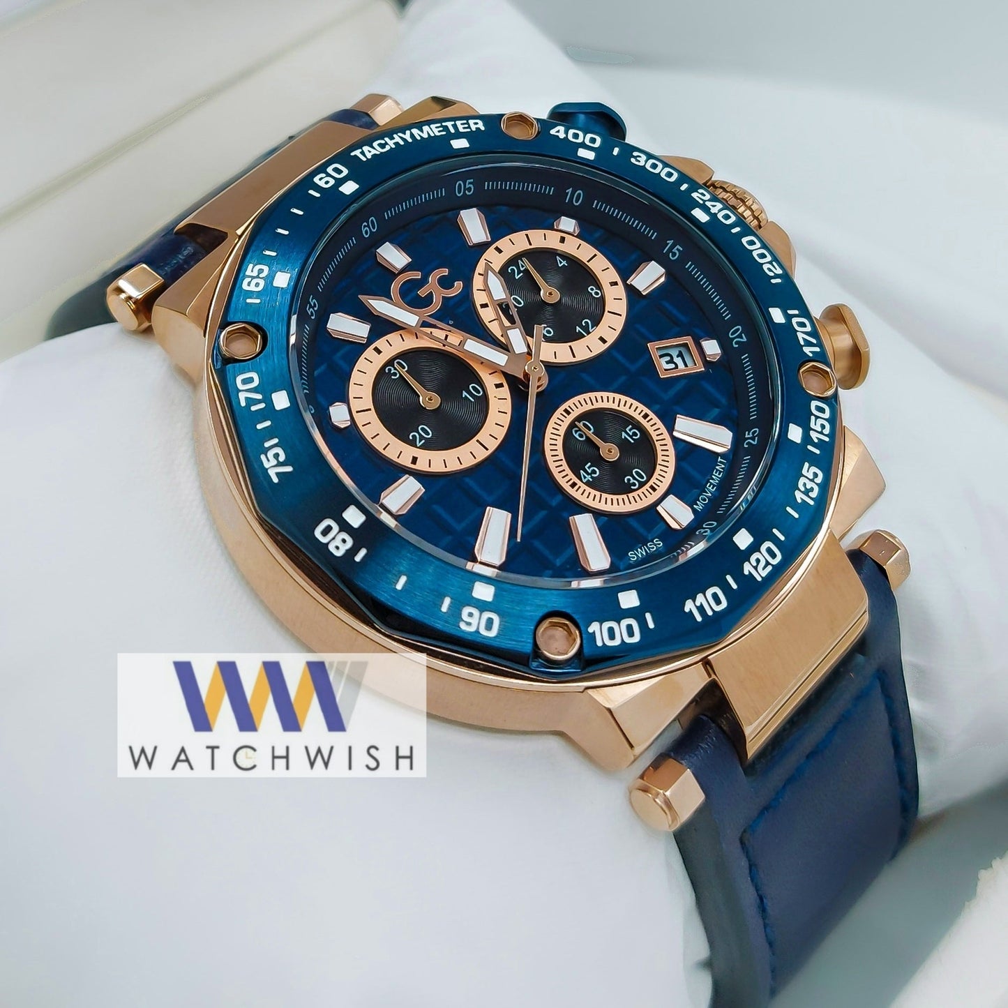 New Collection Rose Gold With Blue Dial Chronograph Watch