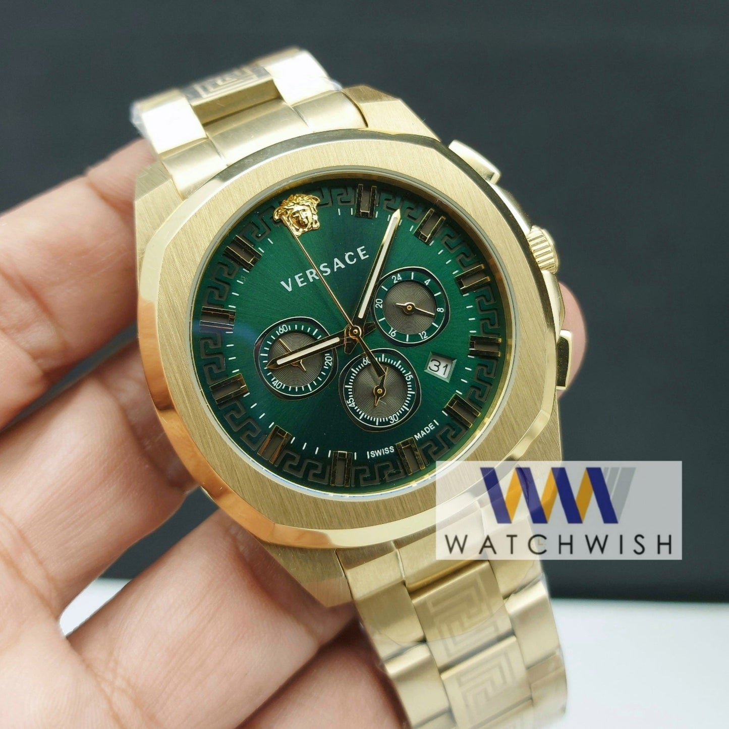 New Collection Gold with Green Dial Chronograph Watch