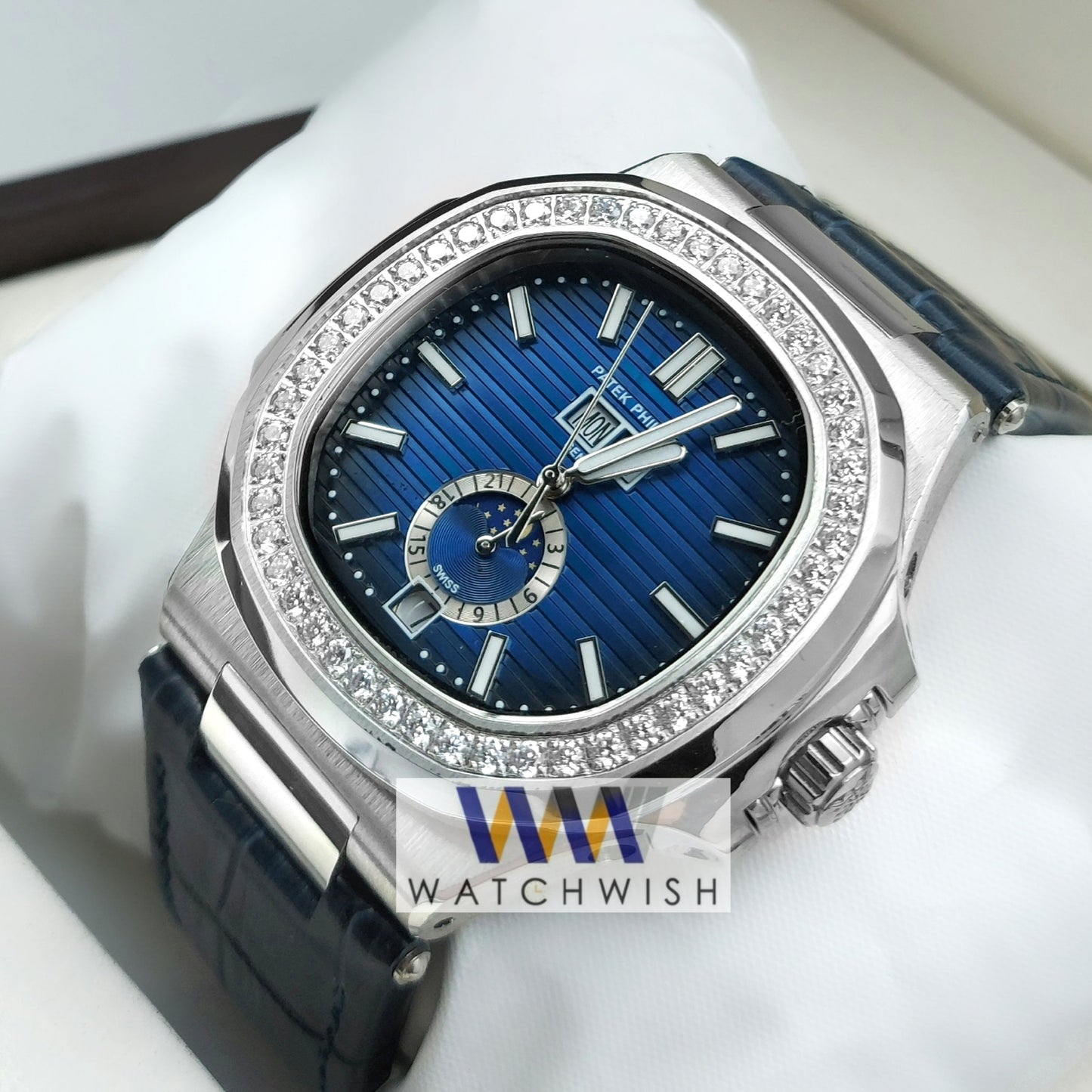 Exclusive Collection Silver With Blue Dial Stone Bazel Automatic Watch