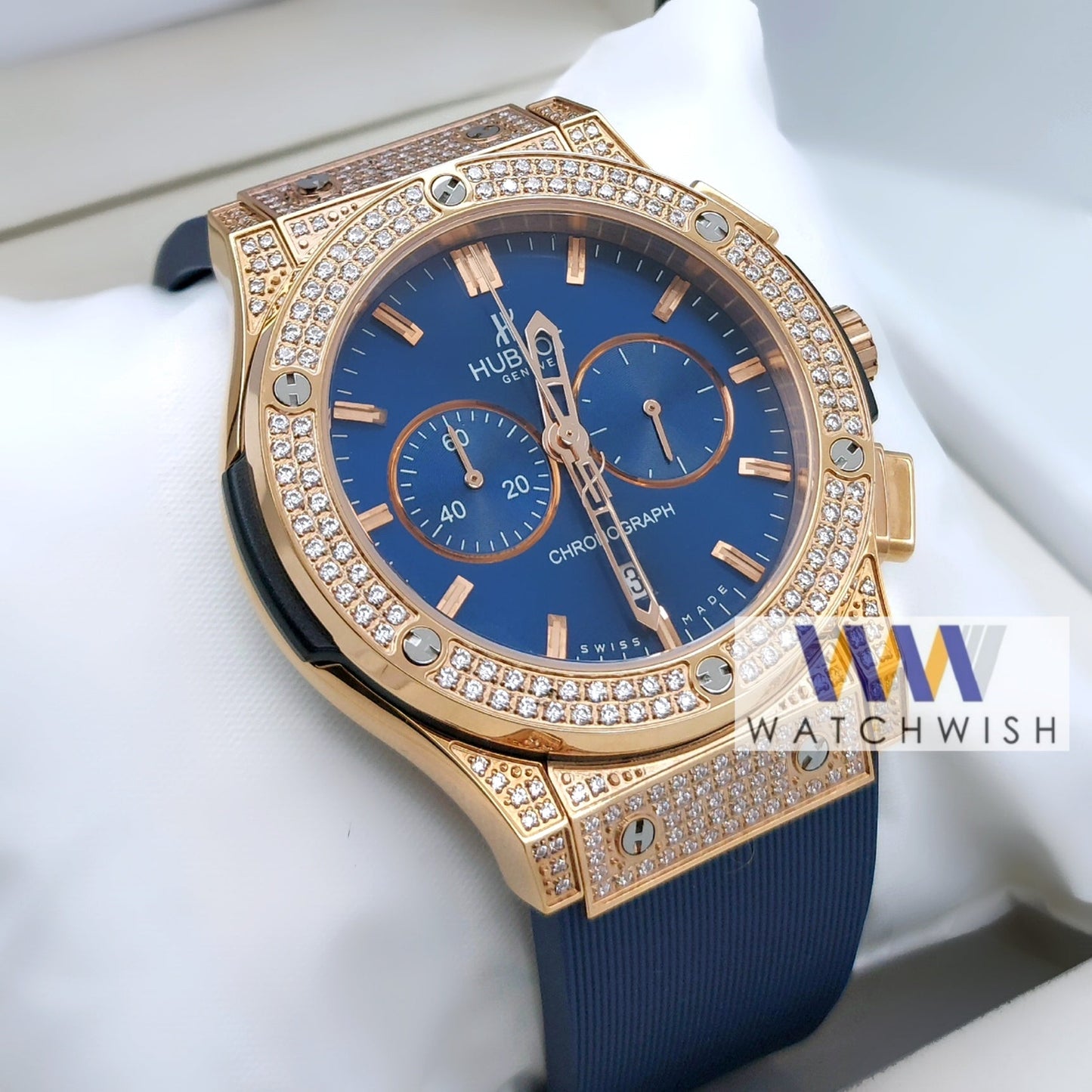 New Collection Rose Gold Stone Case With Blue Dial Chronograph Brand Watch