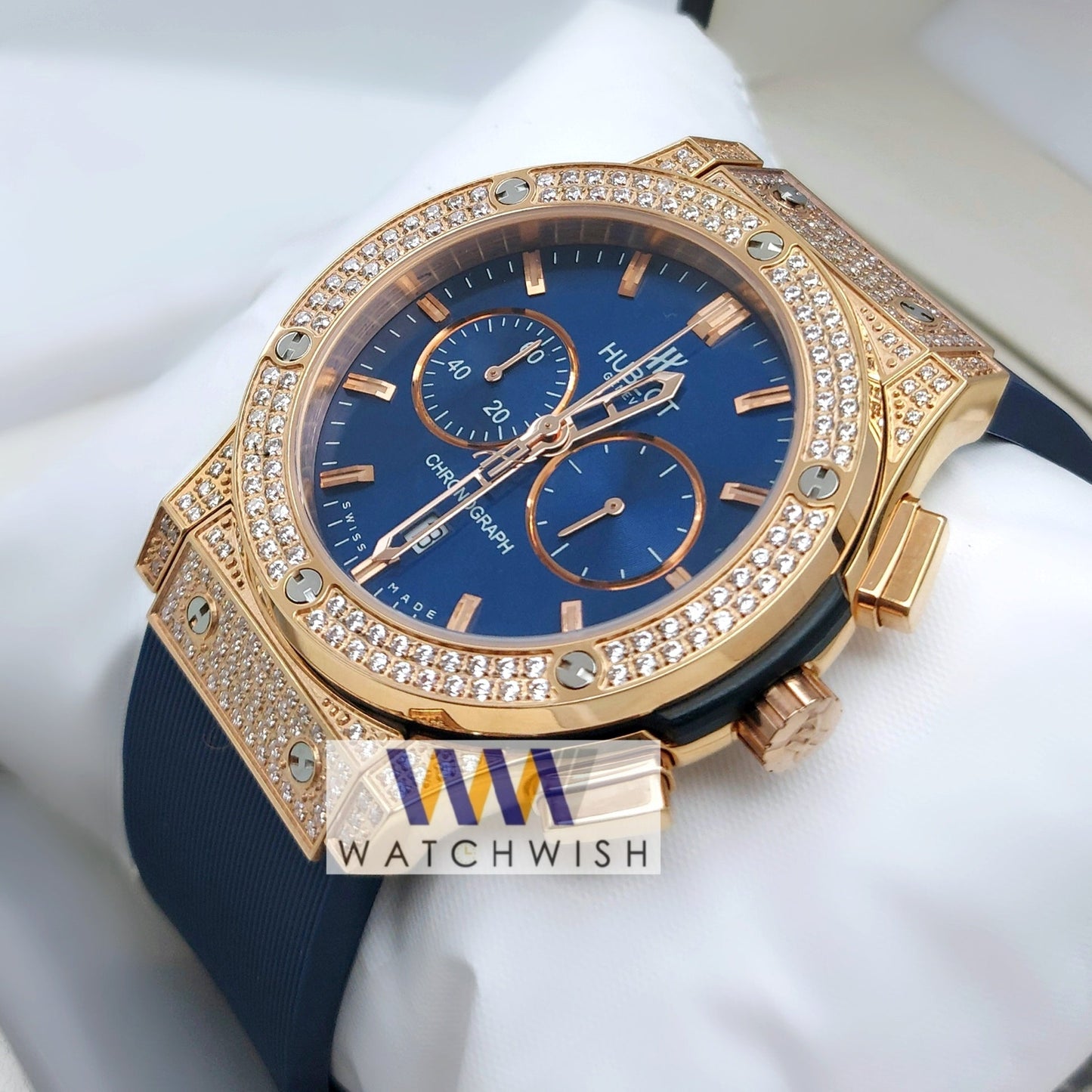 New Collection Rose Gold Stone Case With Blue Dial Chronograph Brand Watch