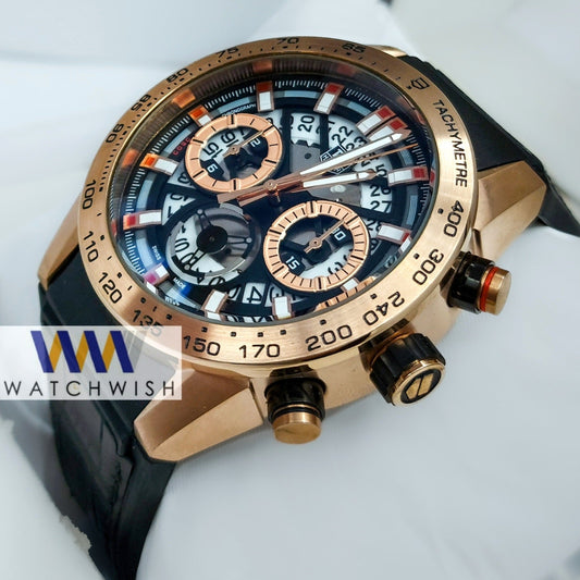 New Collection Rose Gold With Skeleton Dial Chronograph Watch