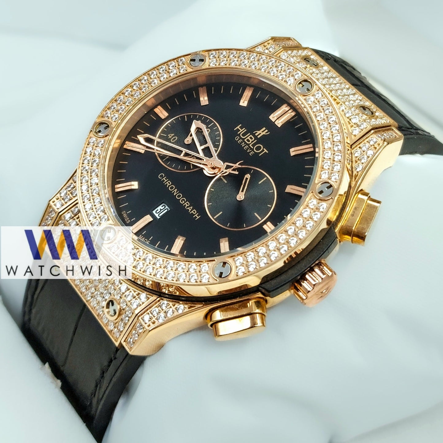 New Collection Rose Gold Stone Case With Black Dial Chronograph Brand Watch