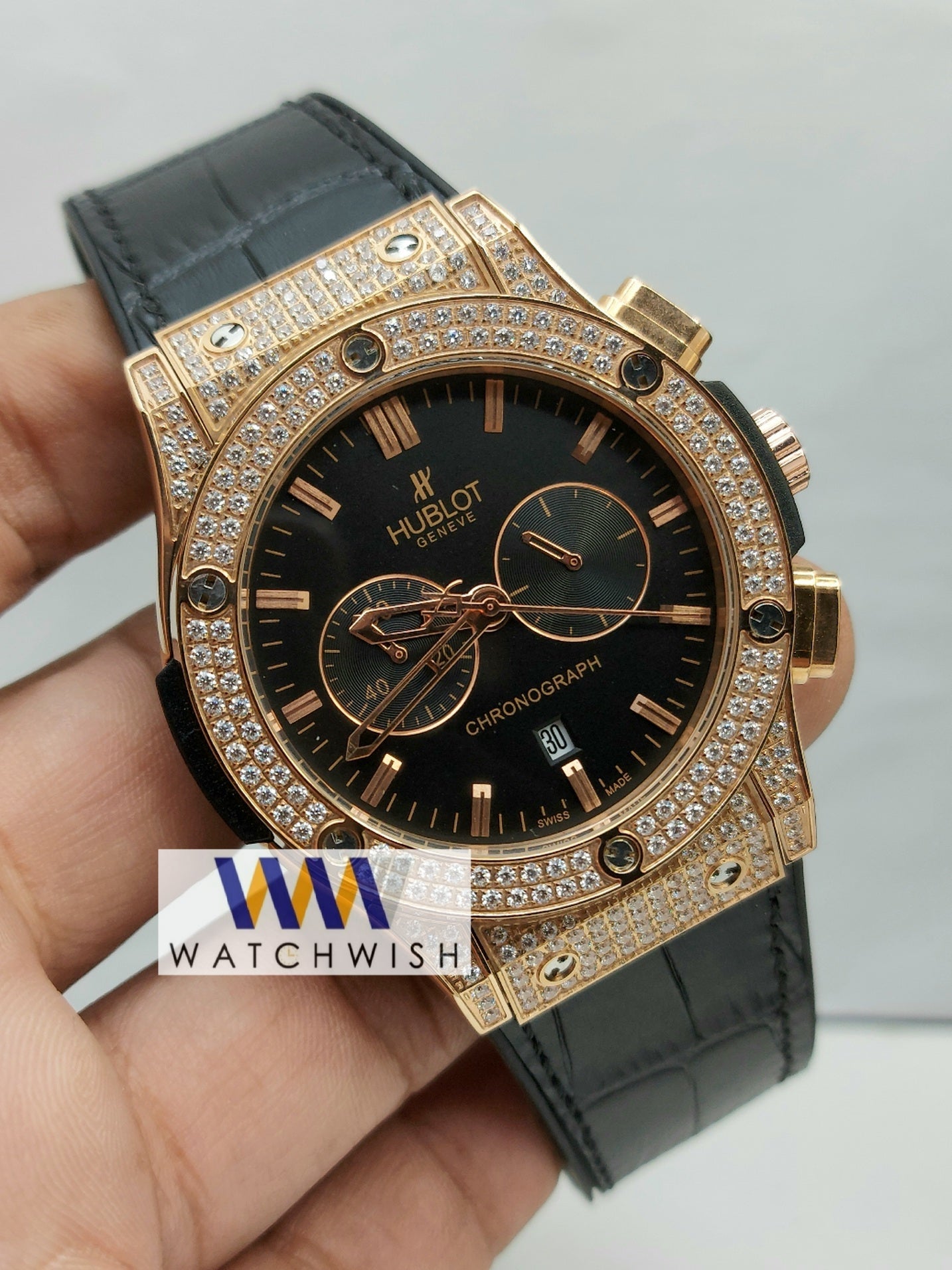 New Collection Rose Gold Stone Case With Black Dial Chronograph Brand Watch