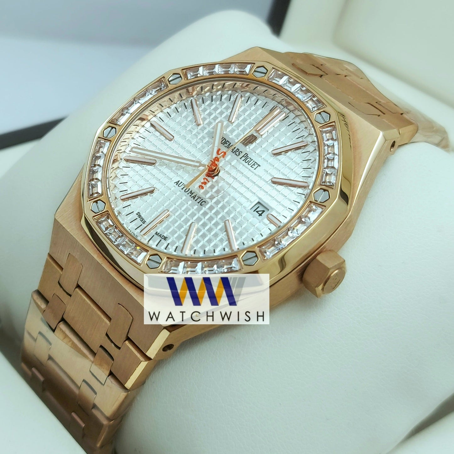 New Collection Rose Gold With Silver Dial Stone Bezel Automatic Watch