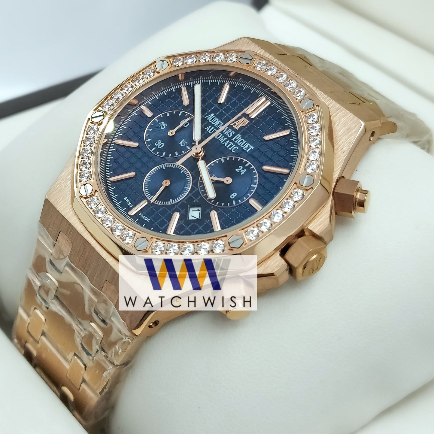 Copy of New Collection Rose Gold With Blue Dial Stone Bezel Chronograph Watch