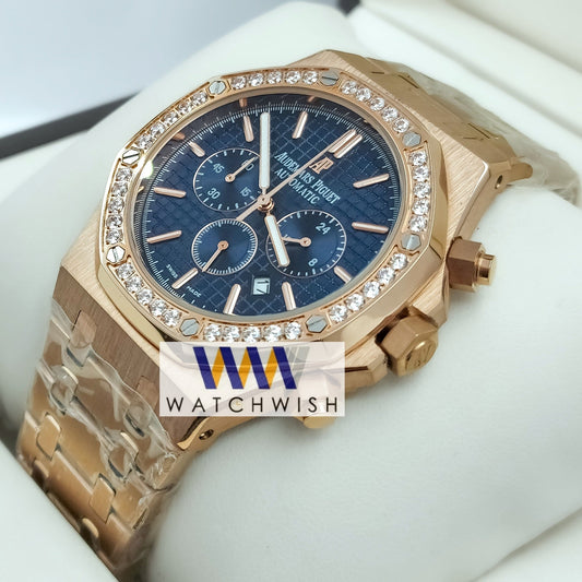 Copy of New Collection Rose Gold With Blue Dial Stone Bezel Chronograph Watch