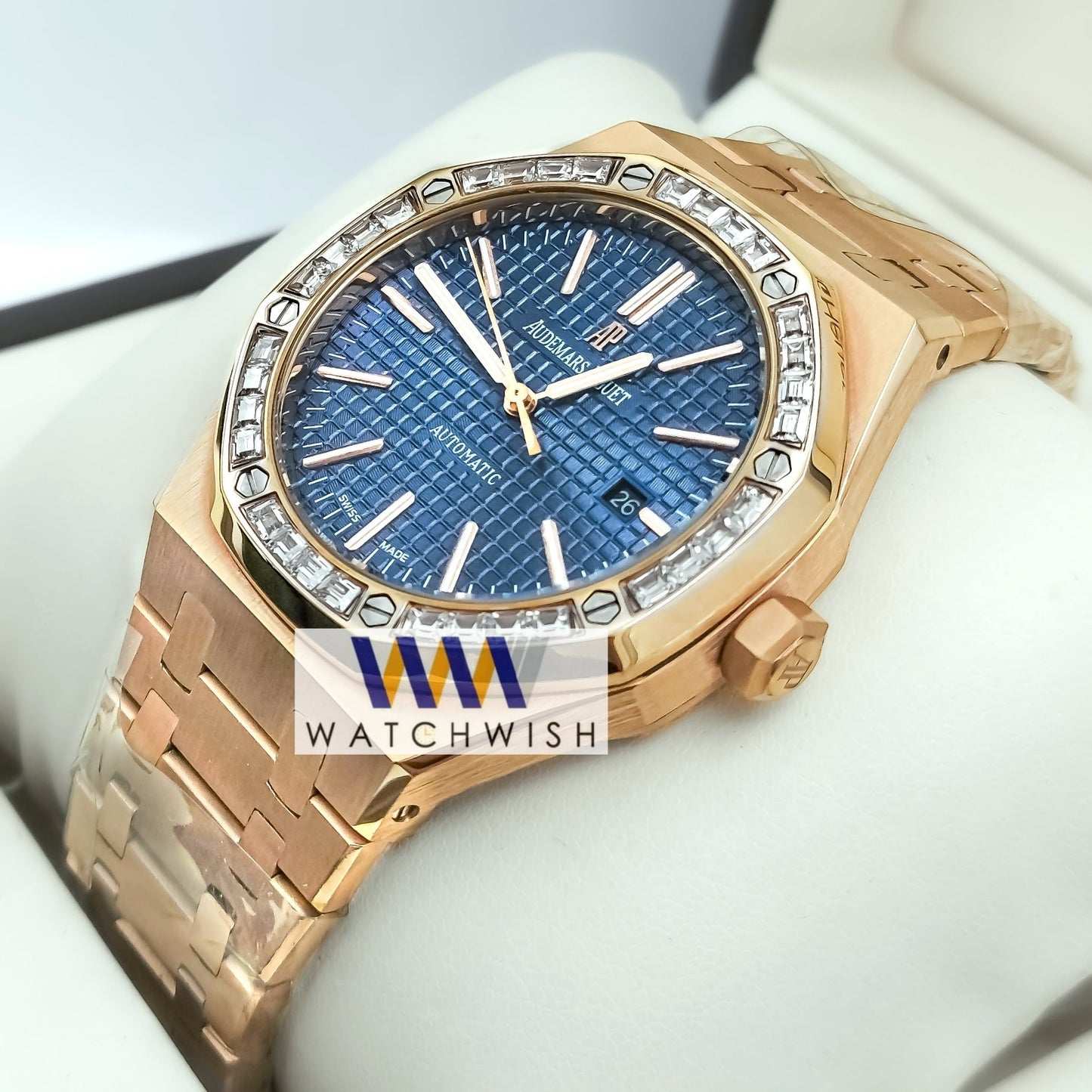 New Collection Rose Gold With Blue Dial Stone Bezel Automatic Watch