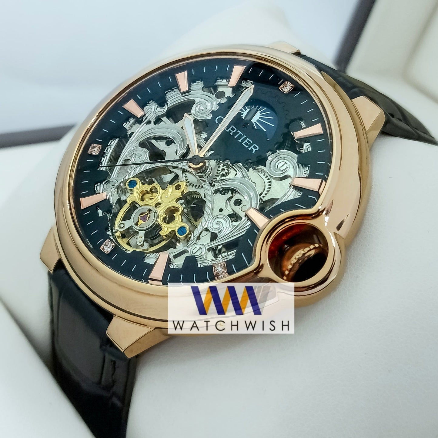 New Collection Gold With Black Skeleton Dial Watch For Men