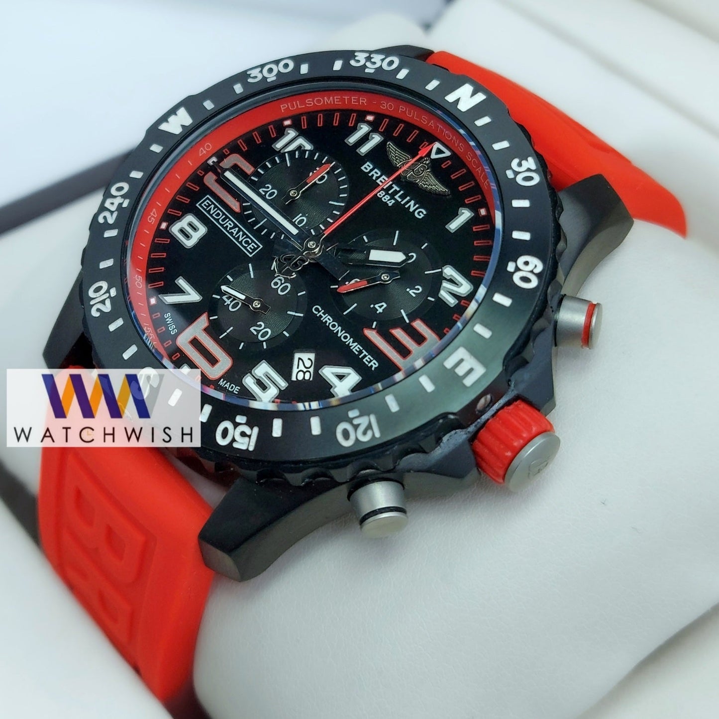 New Collection Black With Black Dial and Red Strap Chronograph Watch