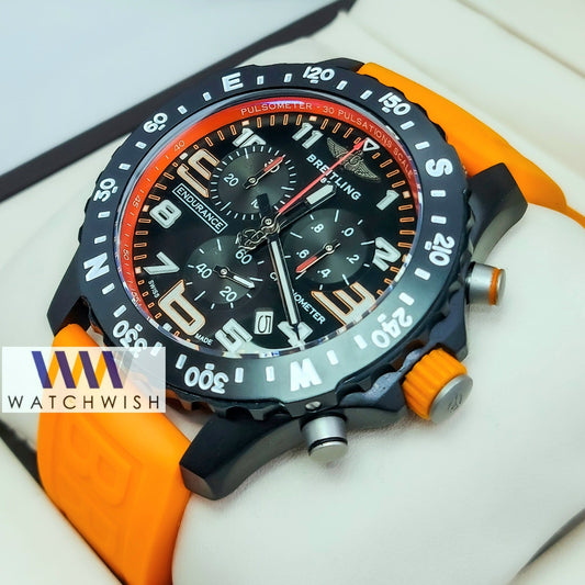 New Collection Black With Black Dial and Orange Strap Chronograph Watch