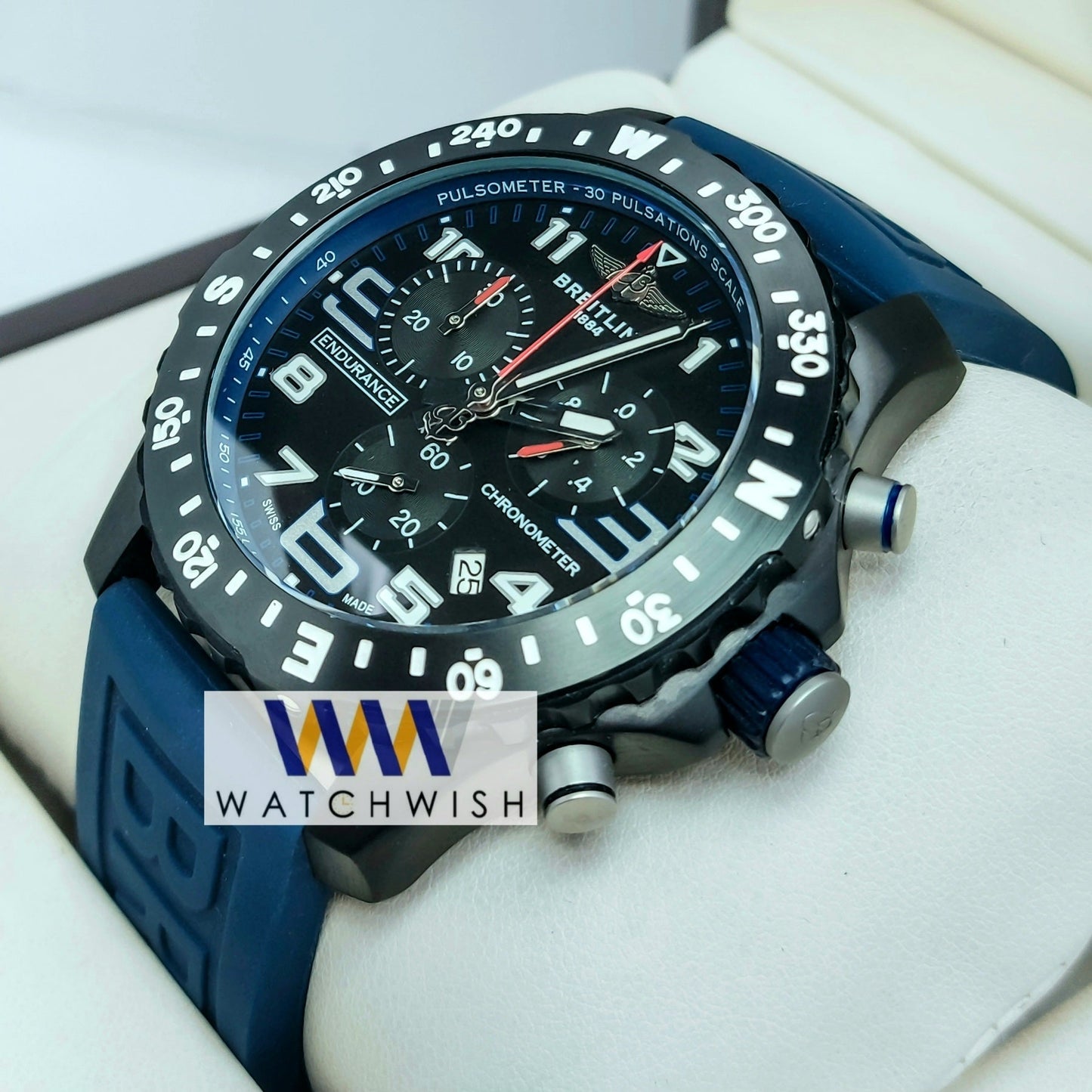New Collection Black With Black Dial and Blue Strap Chronograph Watch