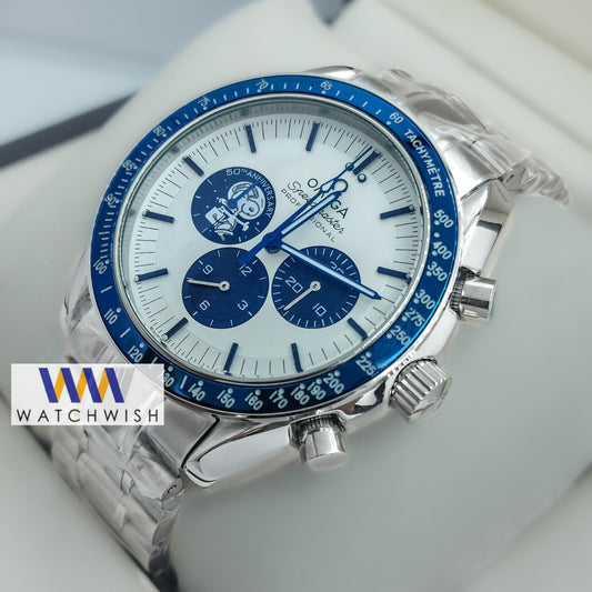 New Collection Silver With White Dial Blue Bezel Chronograph Watch