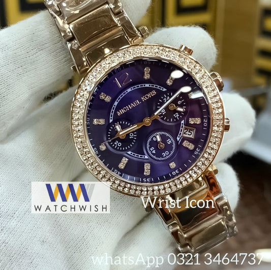 Ladies Collection Rose Gold With Blue Dial Chronograph Brand Watch