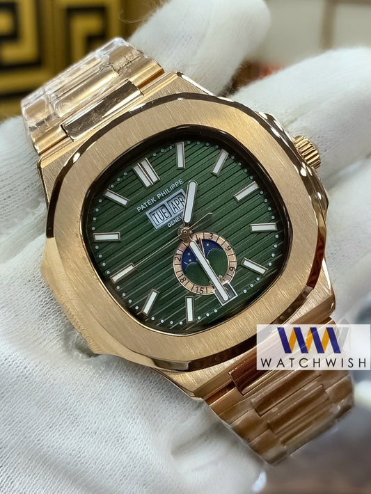 New Collection Rose Gold With Green Dial Moon Phase Automatic Watch